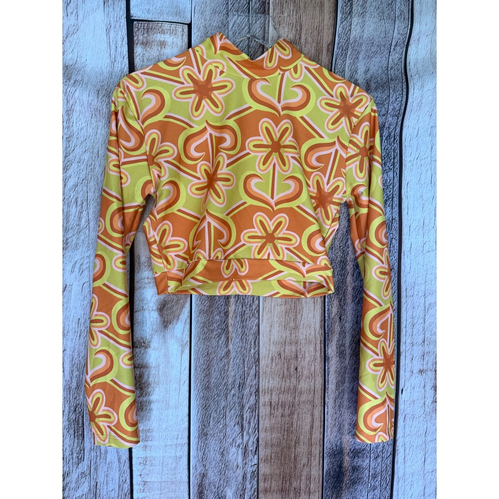 Dazey LA Mock Neck Crop‎ Top Retro Mod Floral Groovy Festival Style Size XL